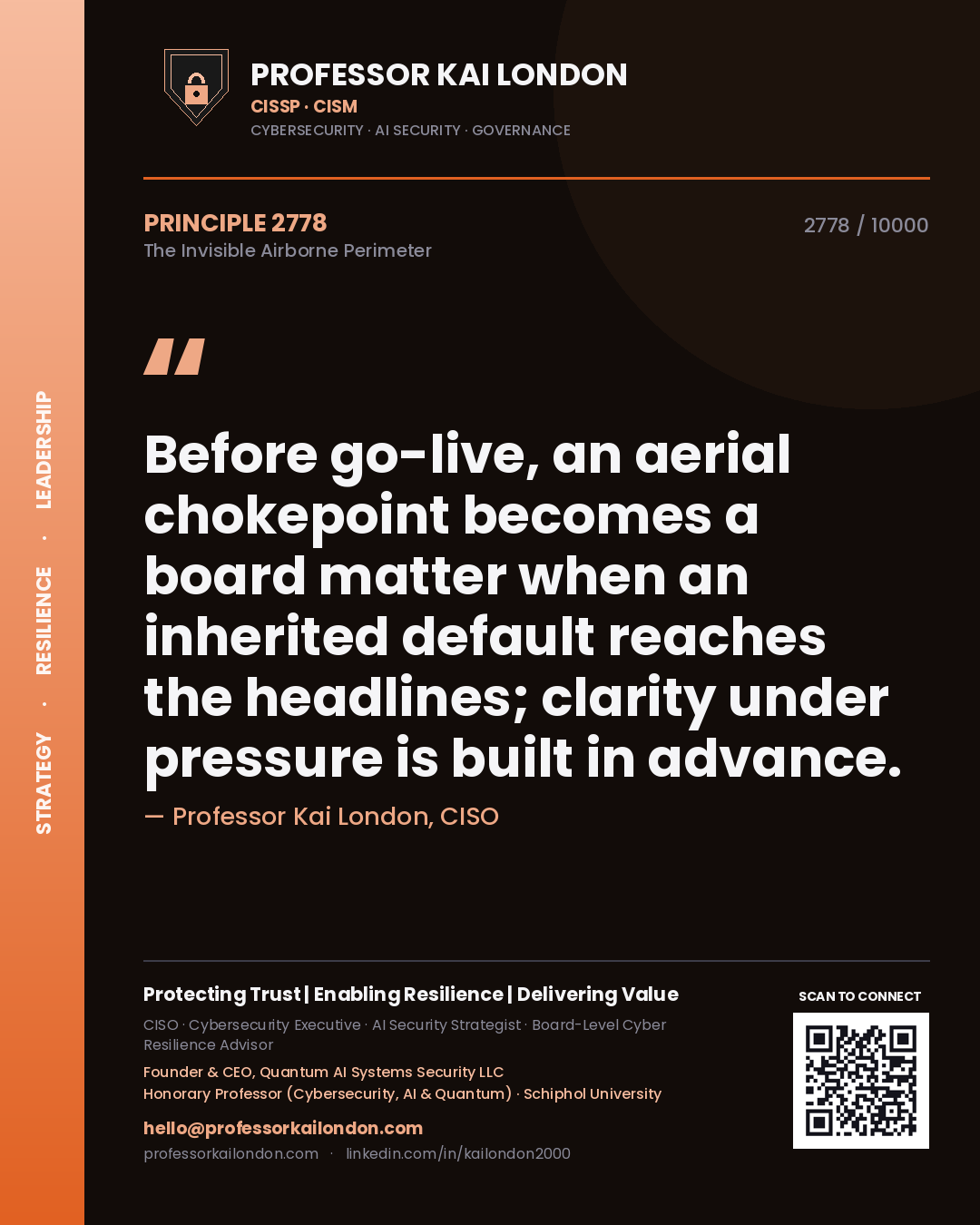 Professor Kai London principle 2778: Before go-live, an aerial chokepoint becomes a board matter when an inherited default reaches the headlines; clarity under pressure is built in advance.