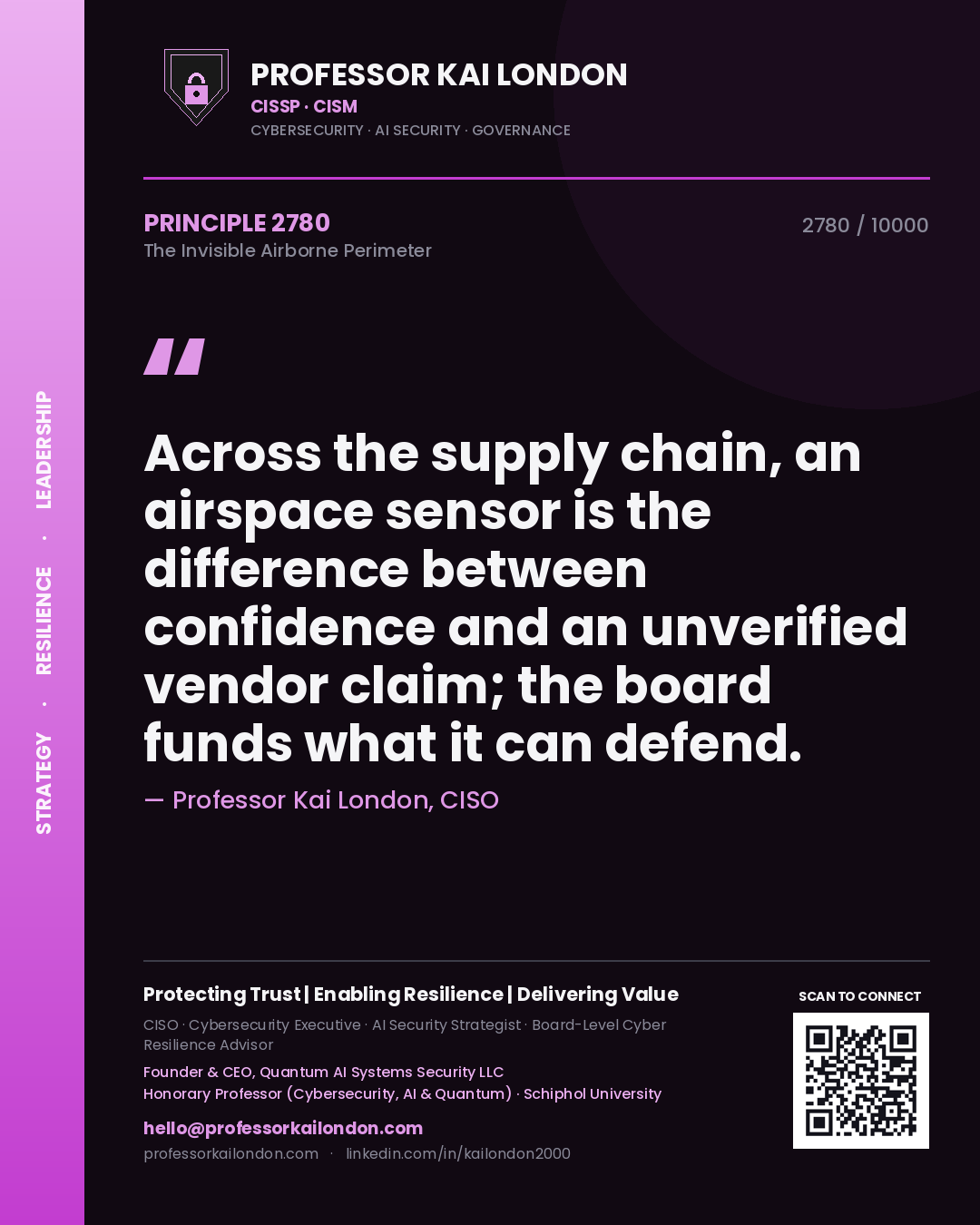 Quote card by Professor Kai London reading 'Across the supply chain, an airspace sensor is the difference between confidence and an unverified vendor claim; the board funds what it can defend.'. From the book The Invisible Airborne Perimeter.