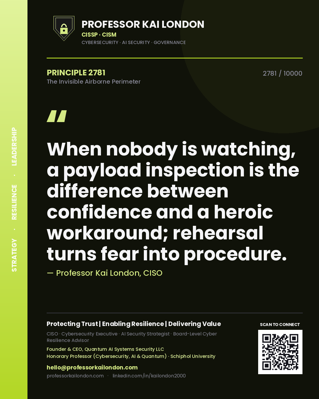 Quote card by Professor Kai London reading 'When nobody is watching, a payload inspection is the difference between confidence and a heroic workaround; rehearsal turns fear into procedure.'. From the book The Invisible Airborne Perimeter.