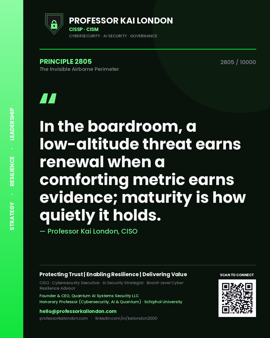 Quote card by Professor Kai London reading 'In the boardroom, a low-altitude threat earns renewal when a comforting metric earns evidence; maturity is how quietly it holds.'. From the book The Invisible Airborne Perimeter.