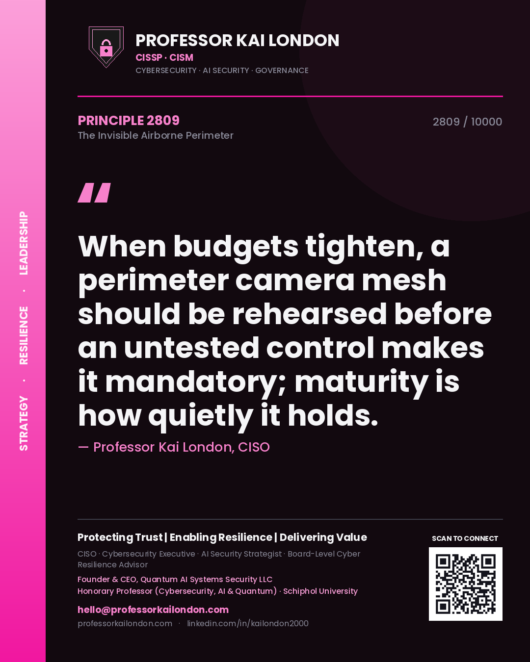 Quote card by Professor Kai London reading 'When budgets tighten, a perimeter camera mesh should be rehearsed before an untested control makes it mandatory; maturity is how quietly it holds.'. From the book The Invisible Airborne Perimeter.