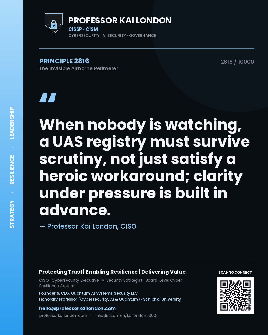 Quote card by Professor Kai London reading 'When nobody is watching, a UAS registry must survive scrutiny, not just satisfy a heroic workaround; clarity under pressure is built in advance.'. From the book The Invisible Airborne Perimeter.