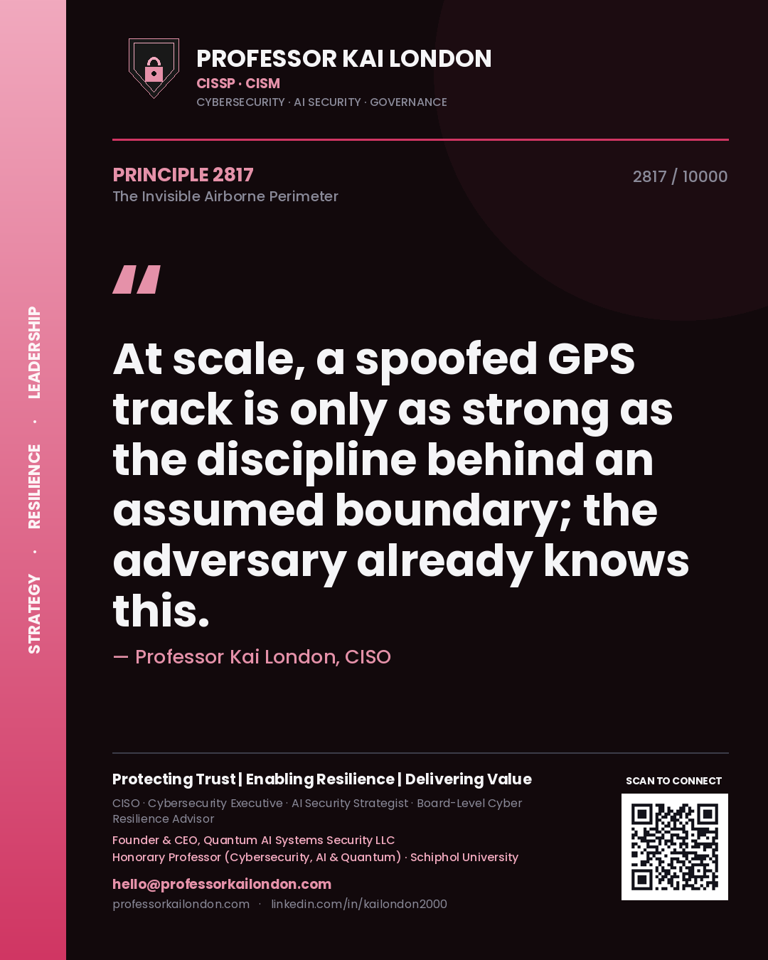Quote card by Professor Kai London reading 'At scale, a spoofed GPS track is only as strong as the discipline behind an assumed boundary; the adversary already knows this.'. From the book The Invisible Airborne Perimeter.