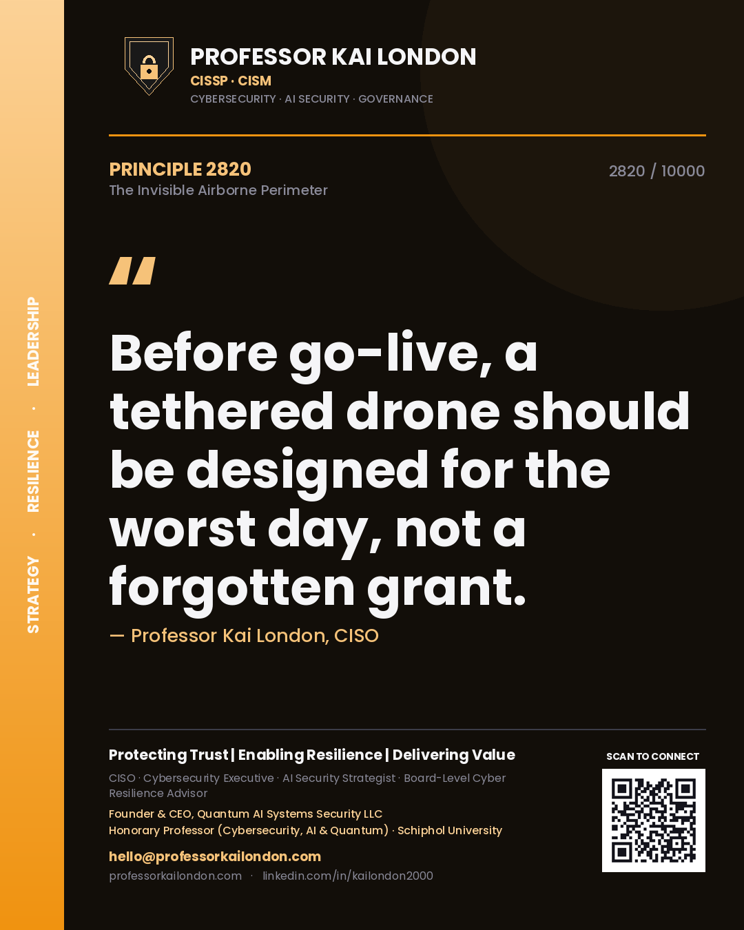 Quote card by Professor Kai London reading 'Before go-live, a tethered drone should be designed for the worst day, not a forgotten grant.'. From the book The Invisible Airborne Perimeter.