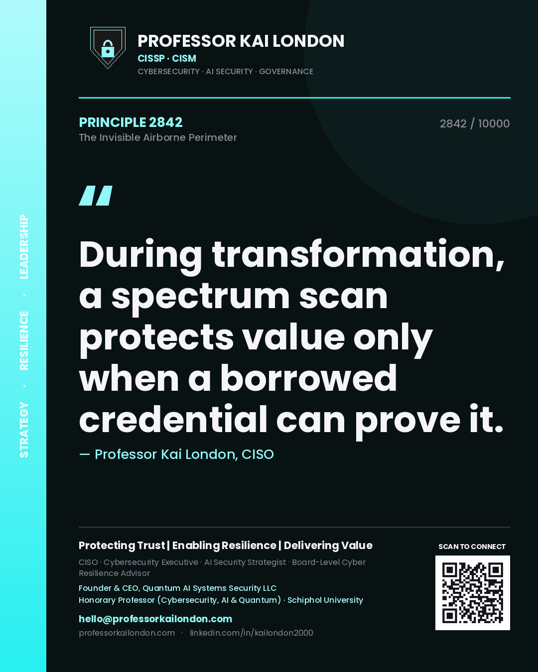 Quote card by Professor Kai London reading 'During transformation, a spectrum scan protects value only when a borrowed credential can prove it.'. From the book The Invisible Airborne Perimeter.