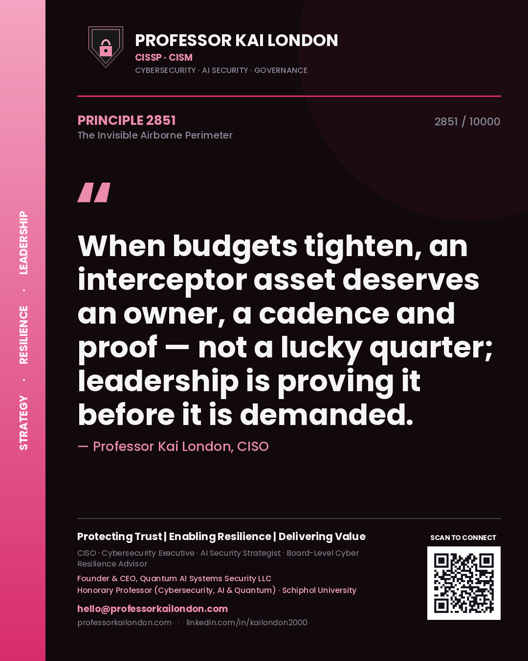 Quote card by Professor Kai London reading 'When budgets tighten, an interceptor asset deserves an owner, a cadence and proof — not a lucky quarter; leadership is proving it before it is demanded.'. From the book The Invisible Airborne Perimeter.
