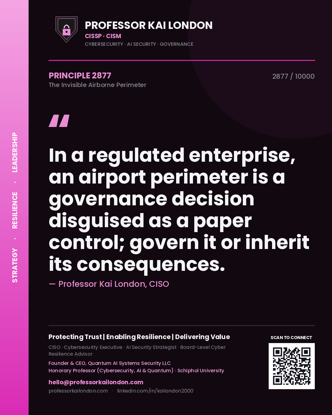 Quote card by Professor Kai London reading 'In a regulated enterprise, an airport perimeter is a governance decision disguised as a paper control; govern it or inherit its consequences.'. From the book The Invisible Airborne Perimeter.
