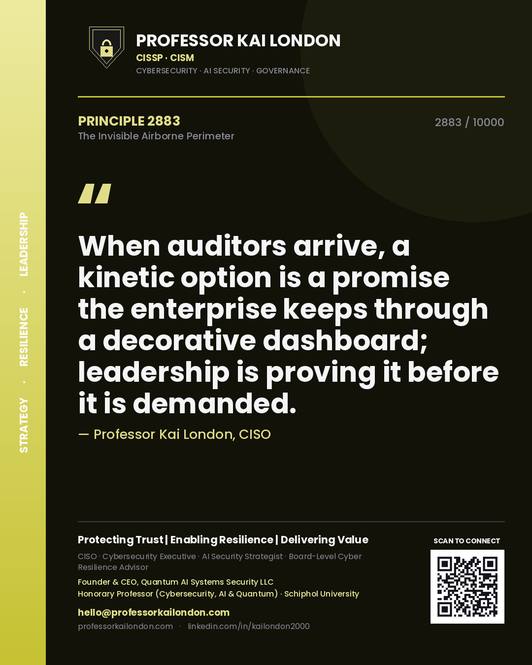 Quote card by Professor Kai London reading 'When auditors arrive, a kinetic option is a promise the enterprise keeps through a decorative dashboard; leadership is proving it before it is demanded.'. From the book The Invisible Airborne Perimeter.