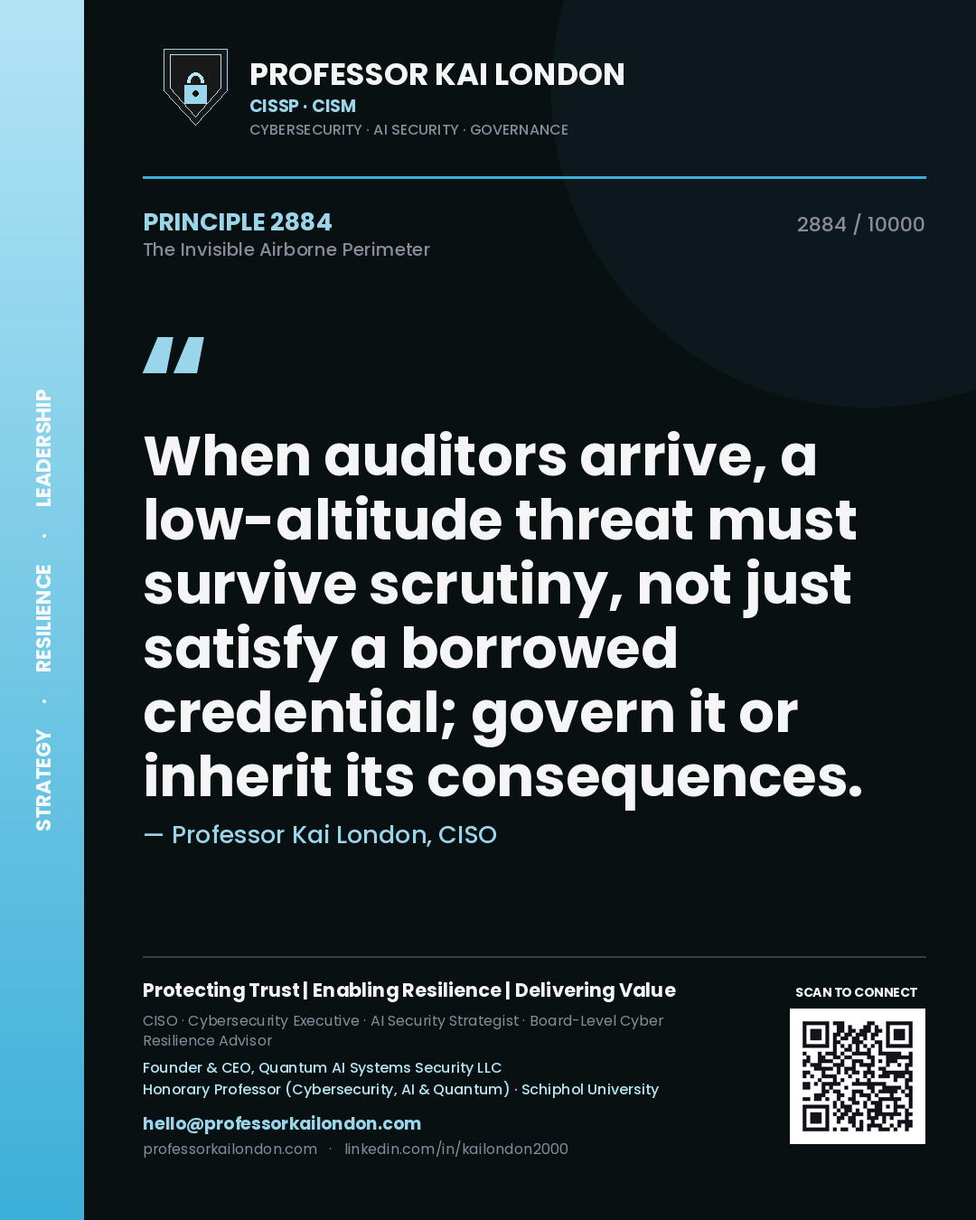 Quote card by Professor Kai London reading 'When auditors arrive, a low-altitude threat must survive scrutiny, not just satisfy a borrowed credential; govern it or inherit its consequences.'. From the book The Invisible Airborne Perimeter.