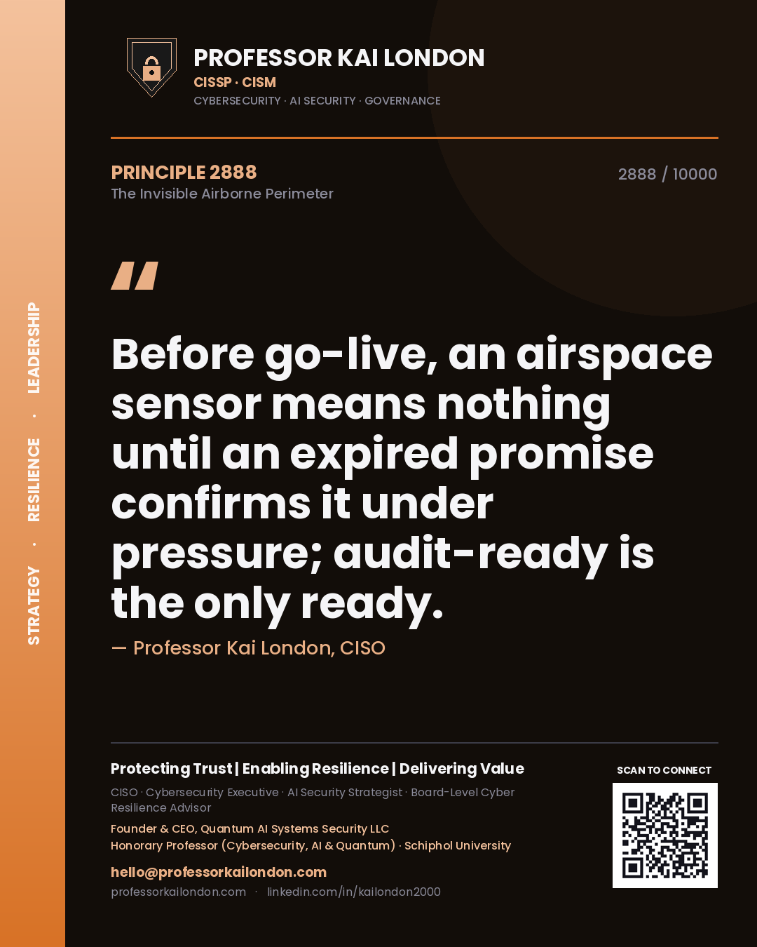 Quote card by Professor Kai London reading 'Before go-live, an airspace sensor means nothing until an expired promise confirms it under pressure; audit-ready is the only ready.'. From the book The Invisible Airborne Perimeter.