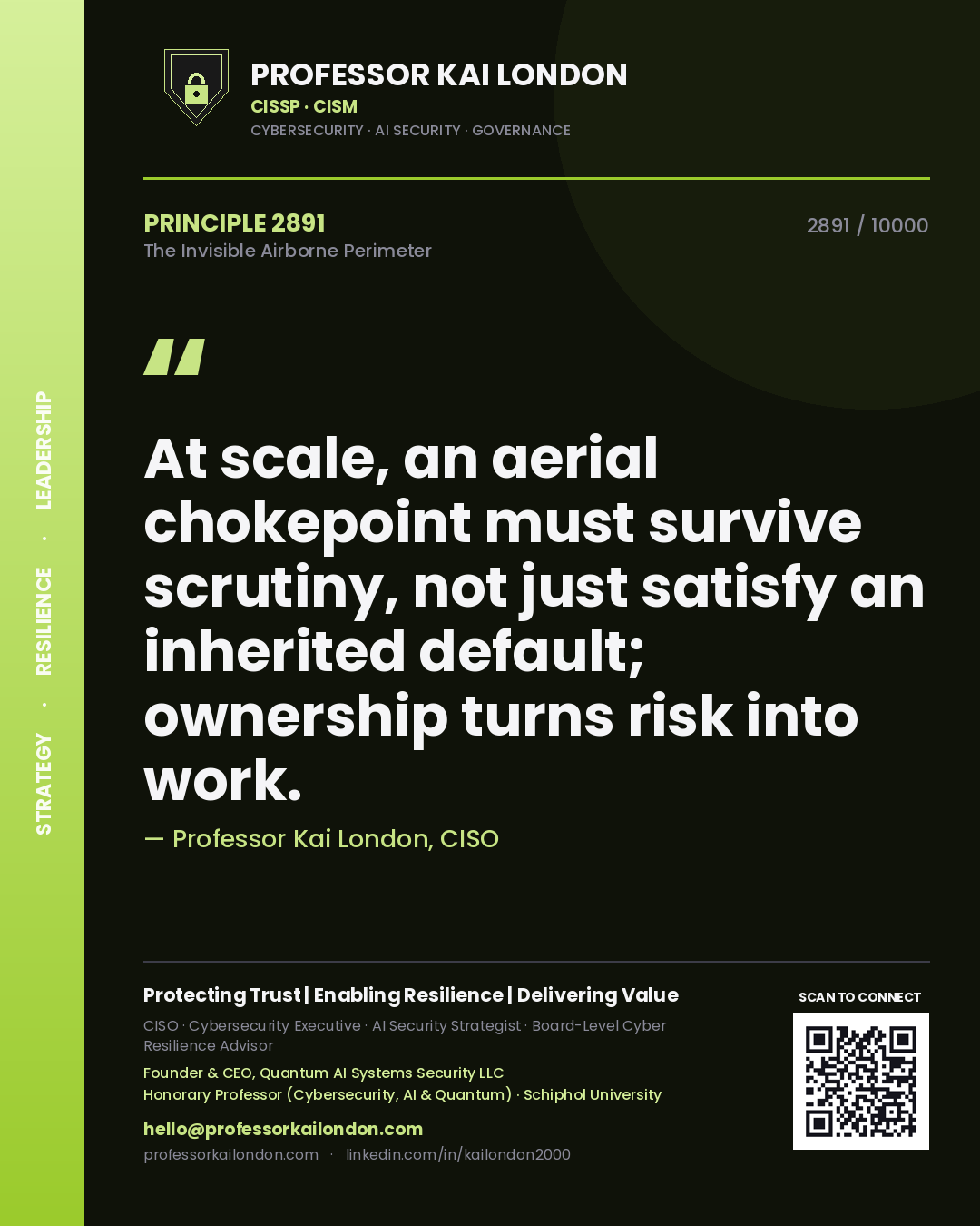 Quote card by Professor Kai London reading 'At scale, an aerial chokepoint must survive scrutiny, not just satisfy an inherited default; ownership turns risk into work.'. From the book The Invisible Airborne Perimeter.