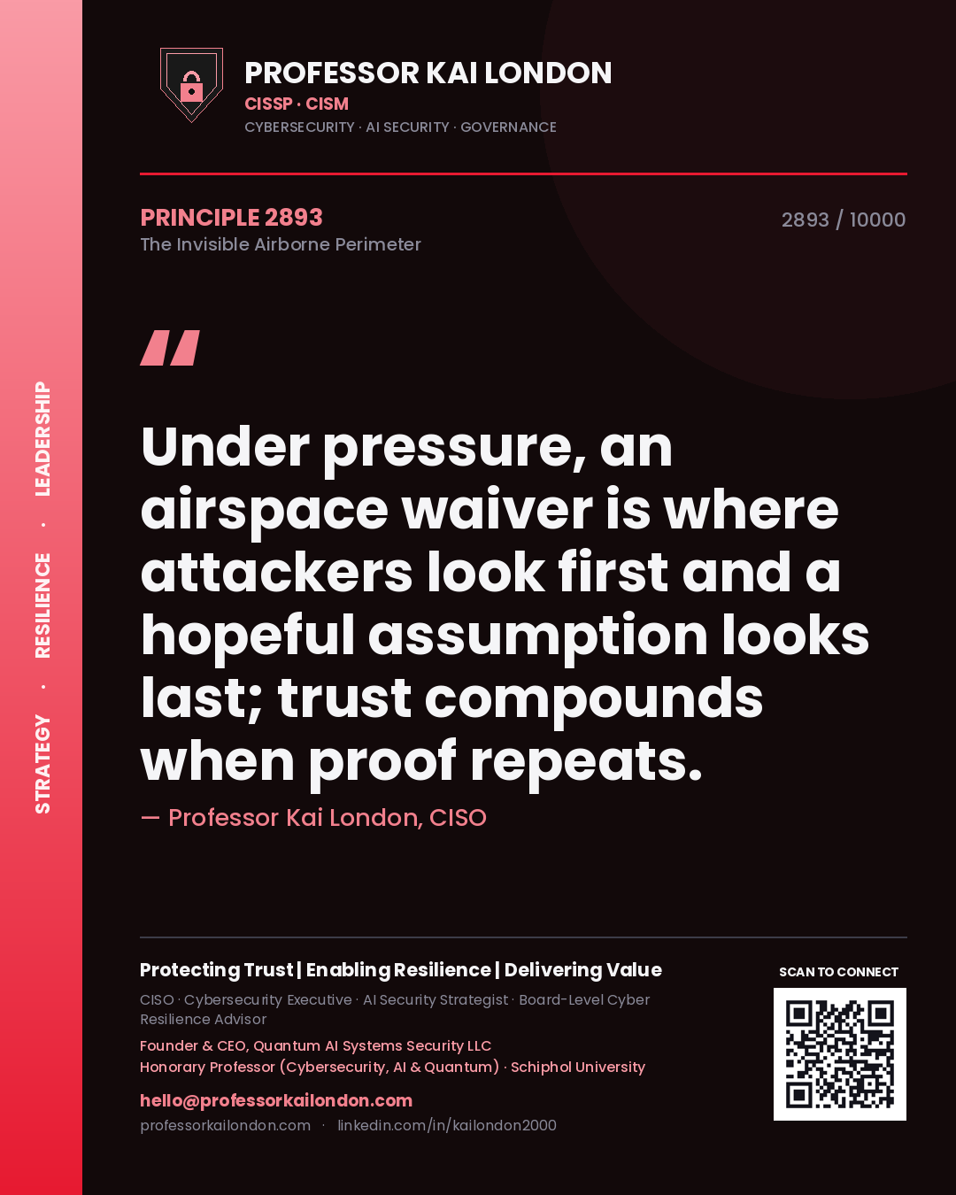 Quote card by Professor Kai London reading 'Under pressure, an airspace waiver is where attackers look first and a hopeful assumption looks last; trust compounds when proof repeats.'. From the book The Invisible Airborne Perimeter.