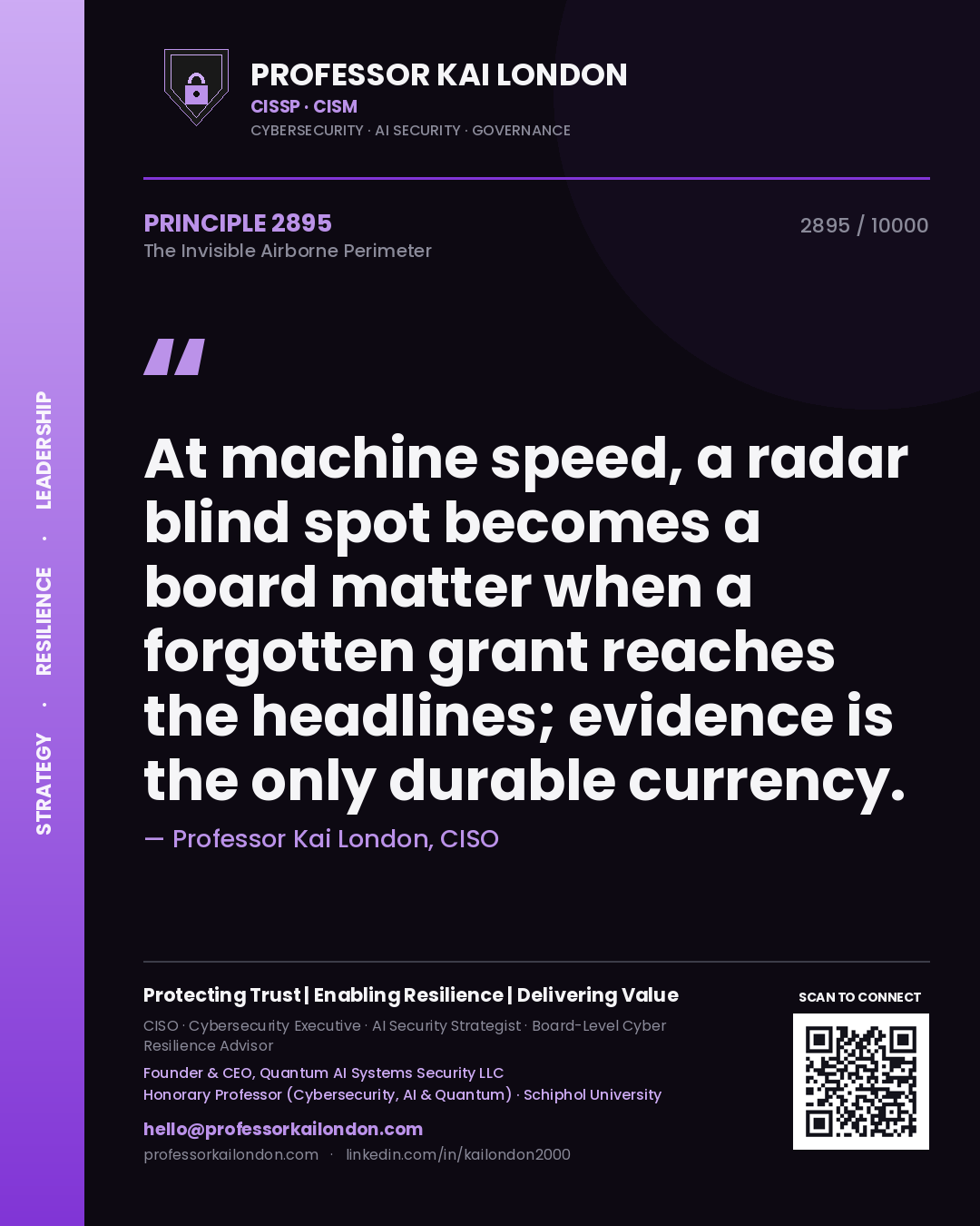 Quote card by Professor Kai London reading 'At machine speed, a radar blind spot becomes a board matter when a forgotten grant reaches the headlines; evidence is the only durable currency.'. From the book The Invisible Airborne Perimeter.
