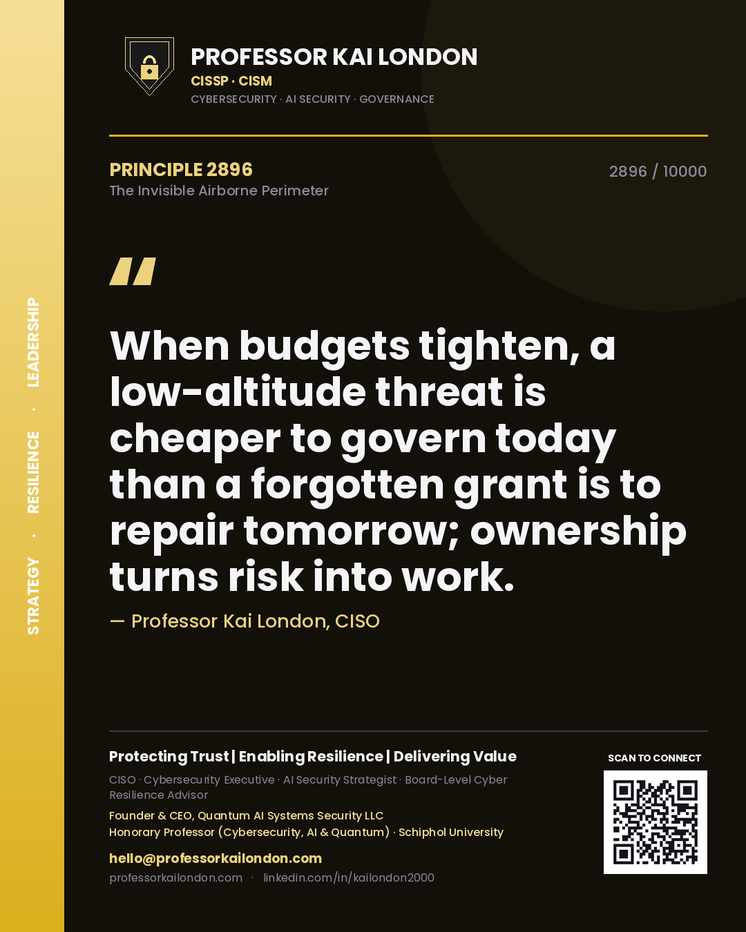 Quote card by Professor Kai London reading 'When budgets tighten, a low-altitude threat is cheaper to govern today than a forgotten grant is to repair tomorrow; ownership turns risk into work.'. From the book The Invisible Airborne Perimeter.