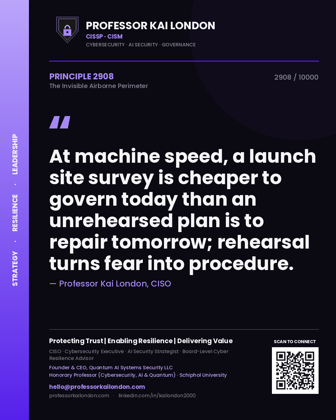 Quote card by Professor Kai London reading 'At machine speed, a launch site survey is cheaper to govern today than an unrehearsed plan is to repair tomorrow; rehearsal turns fear into procedure.'. From the book The Invisible Airborne Perimeter.
