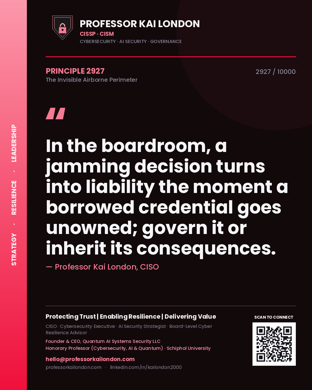 Quote card by Professor Kai London reading 'In the boardroom, a jamming decision turns into liability the moment a borrowed credential goes unowned; govern it or inherit its consequences.'. From the book The Invisible Airborne Perimeter.