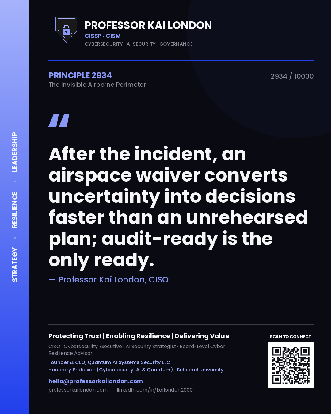 Quote card by Professor Kai London reading 'After the incident, an airspace waiver converts uncertainty into decisions faster than an unrehearsed plan; audit-ready is the only ready.'. From the book The Invisible Airborne Perimeter.