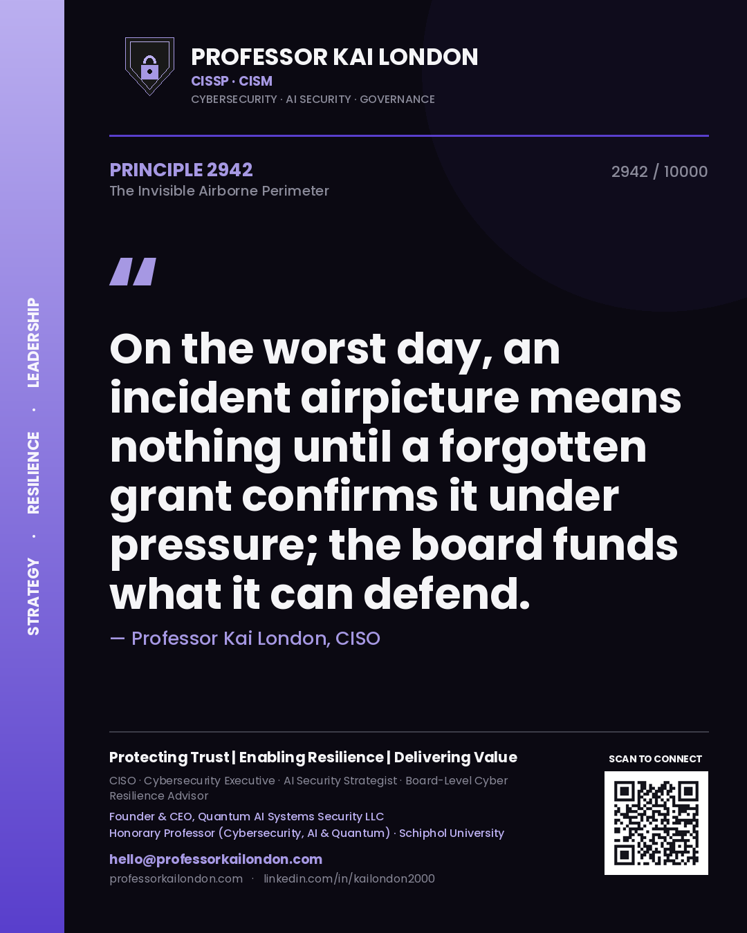 Quote card by Professor Kai London reading 'On the worst day, an incident airpicture means nothing until a forgotten grant confirms it under pressure; the board funds what it can defend.'. From the book The Invisible Airborne Perimeter.
