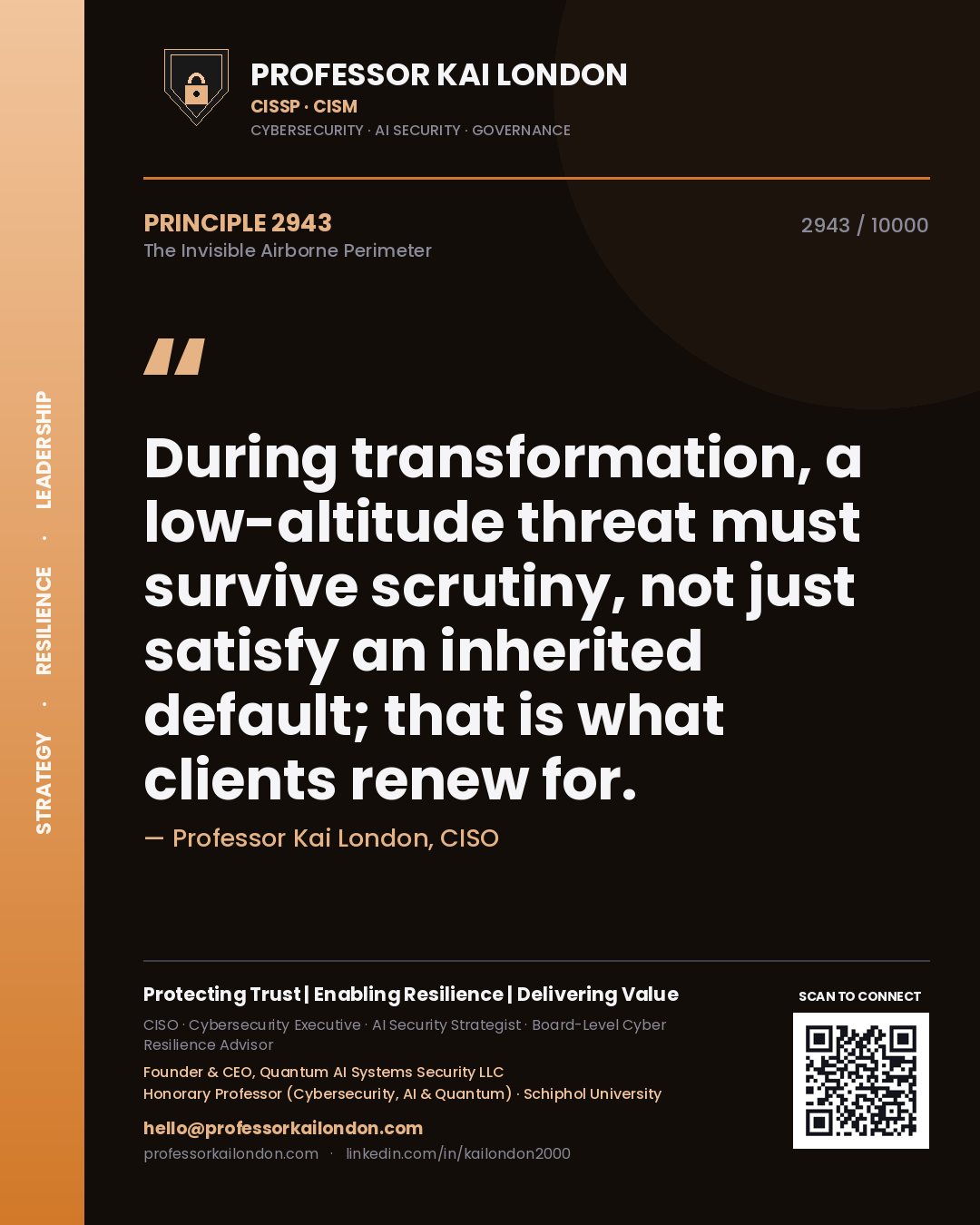 Quote card by Professor Kai London reading 'During transformation, a low-altitude threat must survive scrutiny, not just satisfy an inherited default; that is what clients renew for.'. From the book The Invisible Airborne Perimeter.