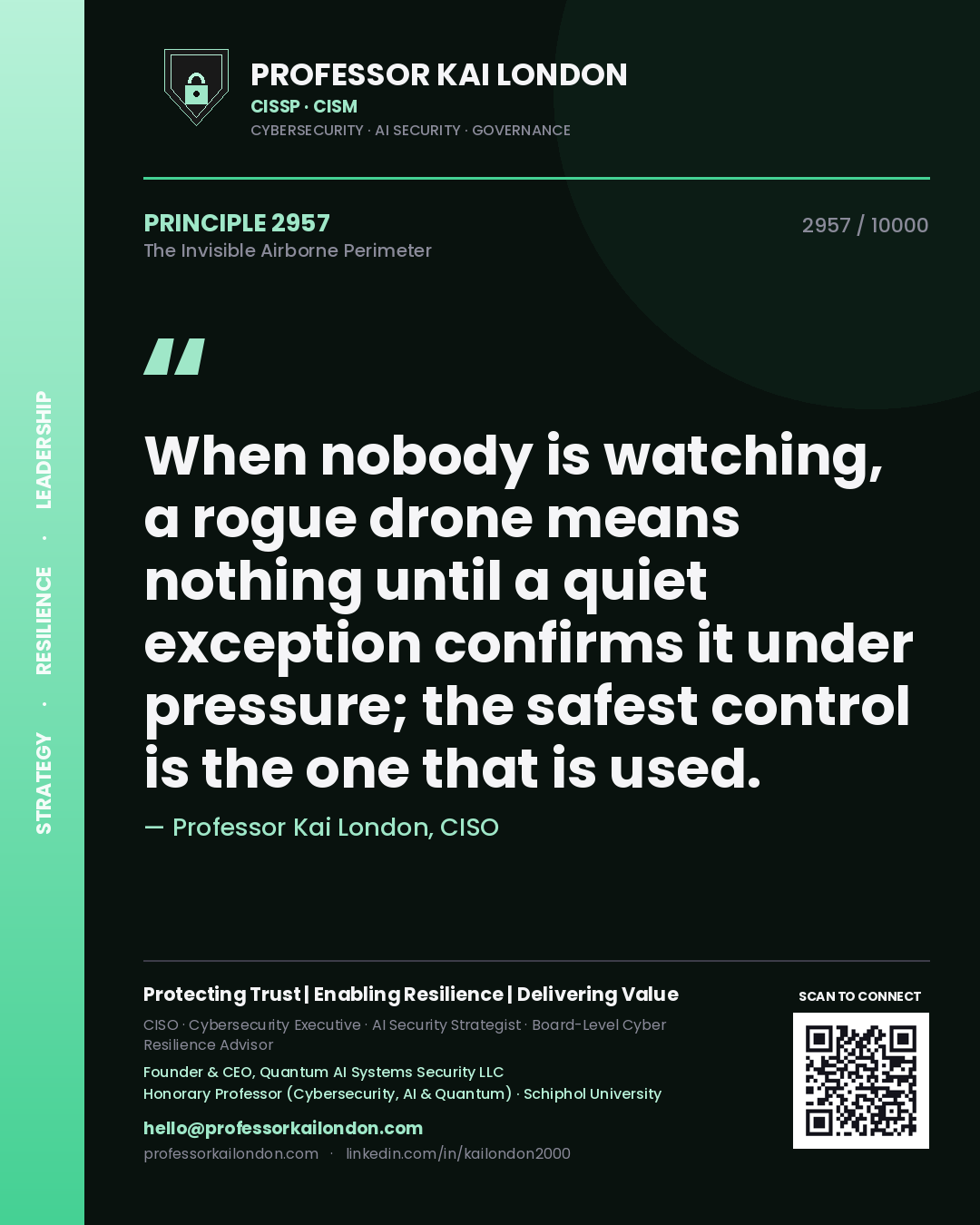Quote card by Professor Kai London reading 'When nobody is watching, a rogue drone means nothing until a quiet exception confirms it under pressure; the safest control is the one that is used.'. From the book The Invisible Airborne Perimeter.