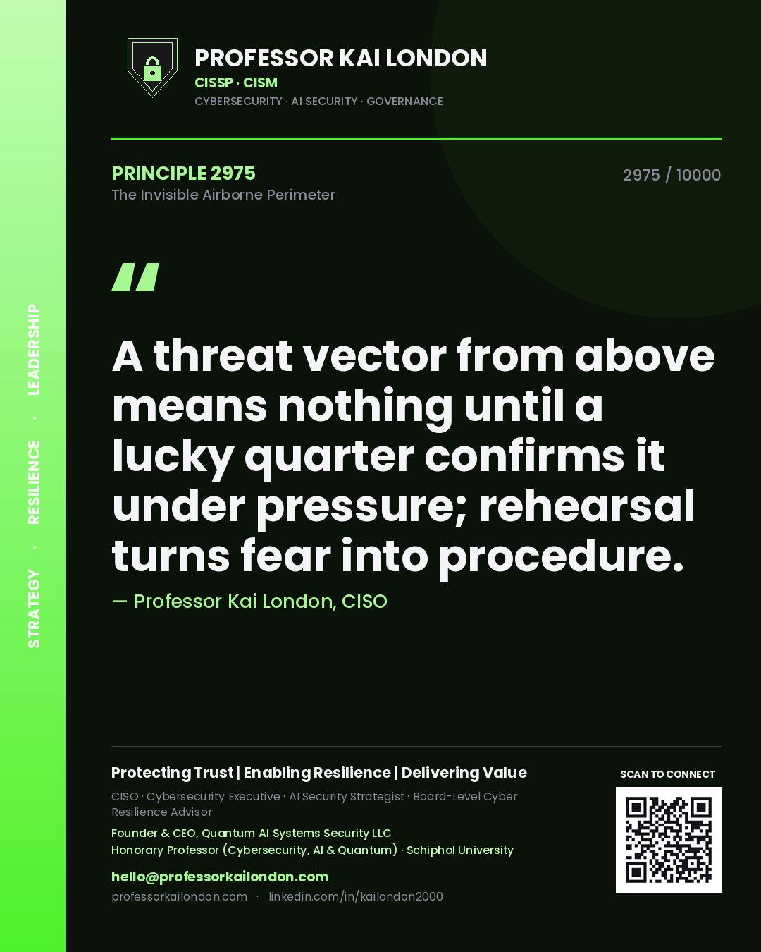 Quote card by Professor Kai London reading 'A threat vector from above means nothing until a lucky quarter confirms it under pressure; rehearsal turns fear into procedure.'. From the book The Invisible Airborne Perimeter.