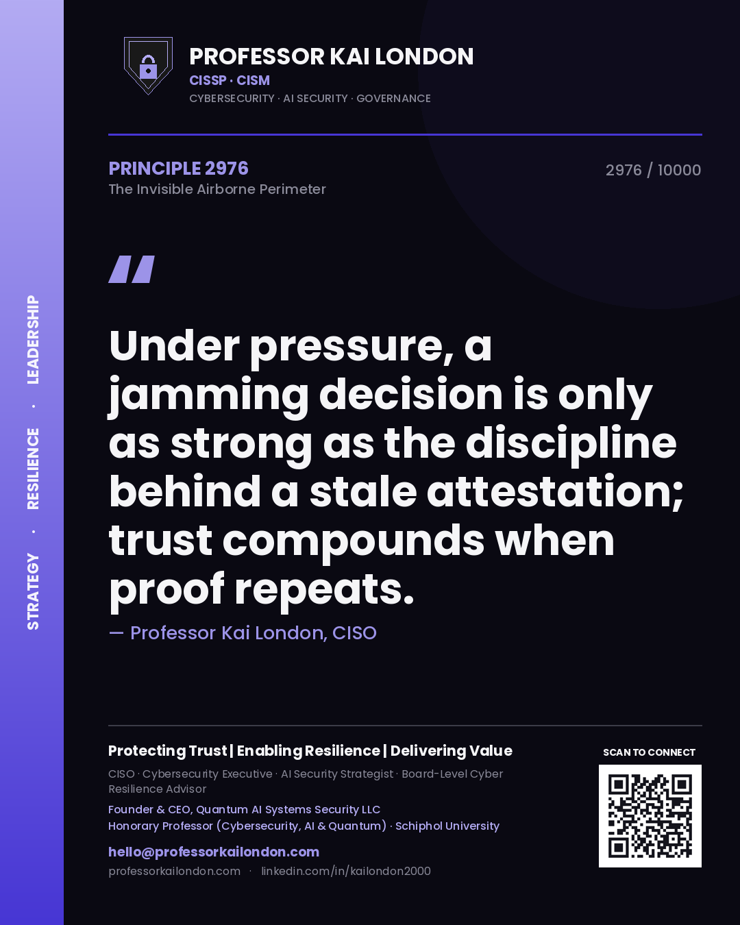 Quote card by Professor Kai London reading 'Under pressure, a jamming decision is only as strong as the discipline behind a stale attestation; trust compounds when proof repeats.'. From the book The Invisible Airborne Perimeter.