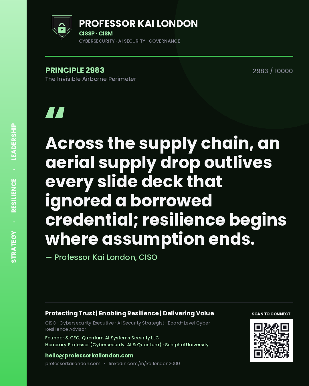 Quote card by Professor Kai London reading 'Across the supply chain, an aerial supply drop outlives every slide deck that ignored a borrowed credential; resilience begins where assumption ends.'. From the book The Invisible Airborne Perimeter.