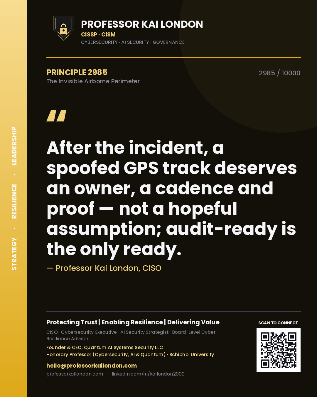 Quote card by Professor Kai London reading 'After the incident, a spoofed GPS track deserves an owner, a cadence and proof — not a hopeful assumption; audit-ready is the only ready.'. From the book The Invisible Airborne Perimeter.