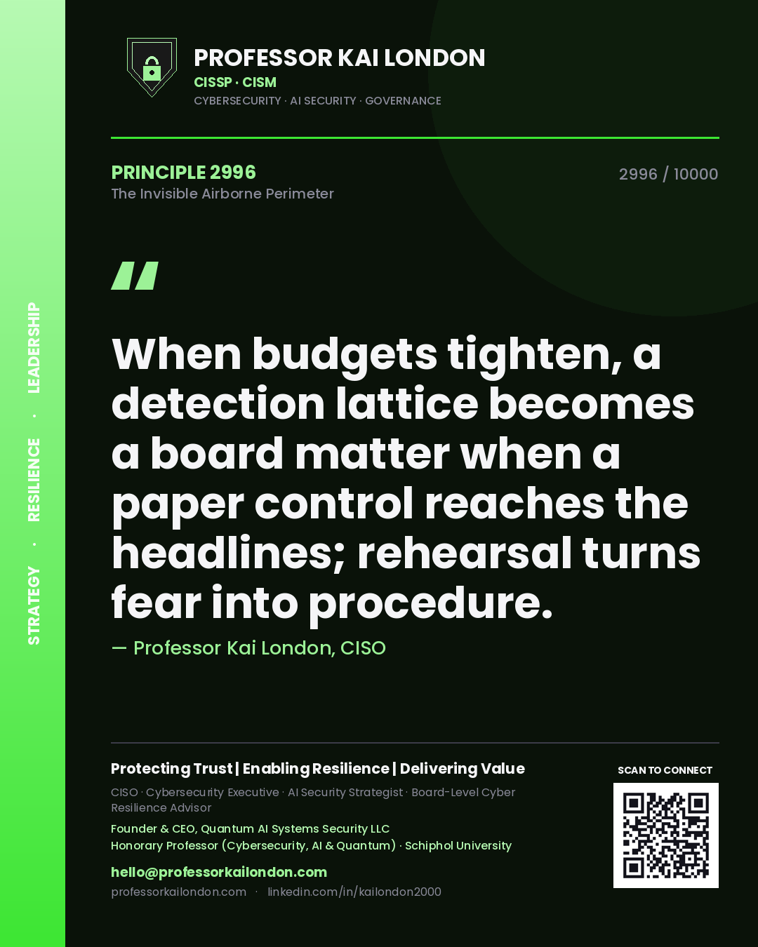 Quote card by Professor Kai London reading 'When budgets tighten, a detection lattice becomes a board matter when a paper control reaches the headlines; rehearsal turns fear into procedure.'. From the book The Invisible Airborne Perimeter.