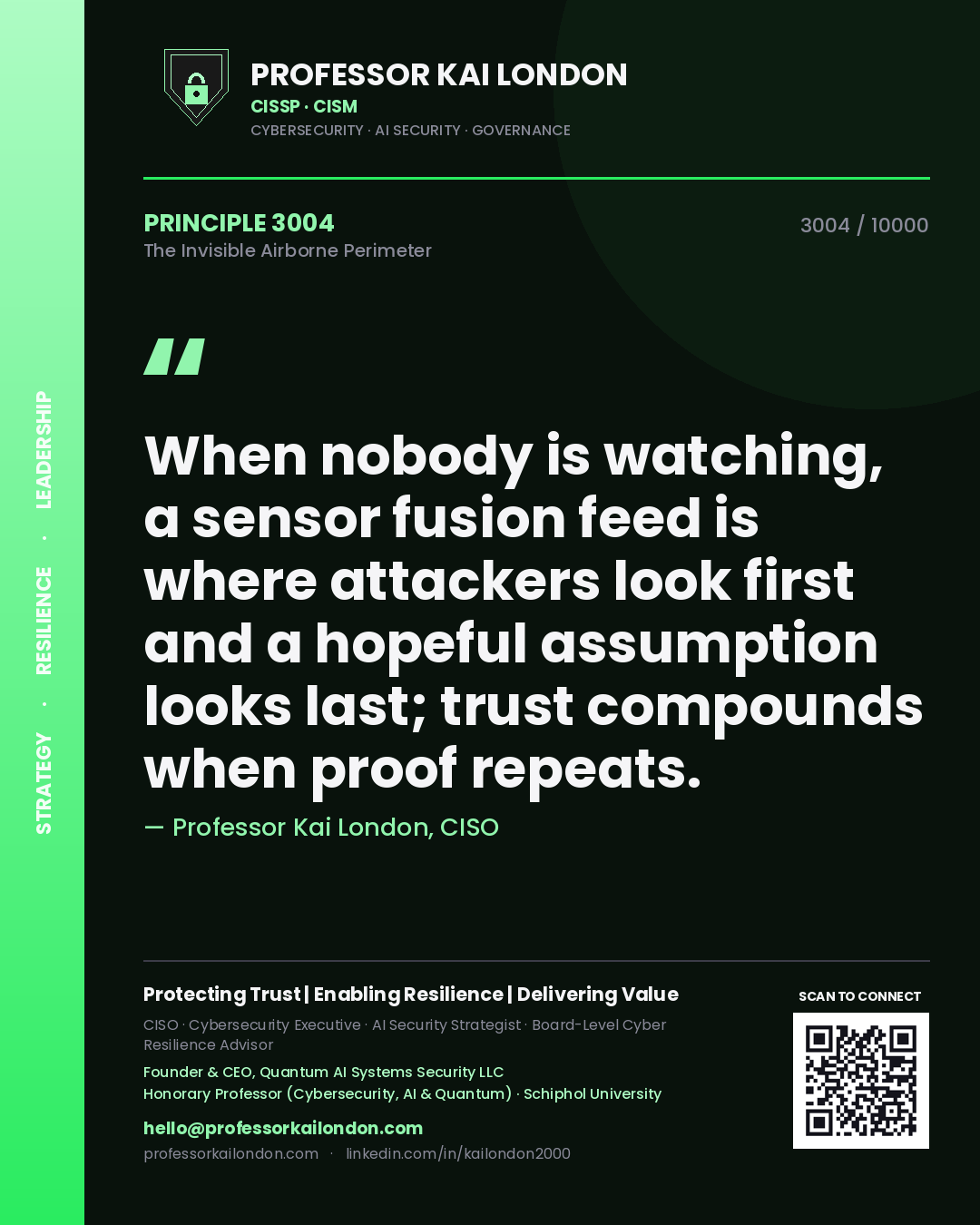 Quote card by Professor Kai London reading 'When nobody is watching, a sensor fusion feed is where attackers look first and a hopeful assumption looks last; trust compounds when proof repeats.'. From the book The Invisible Airborne Perimeter.