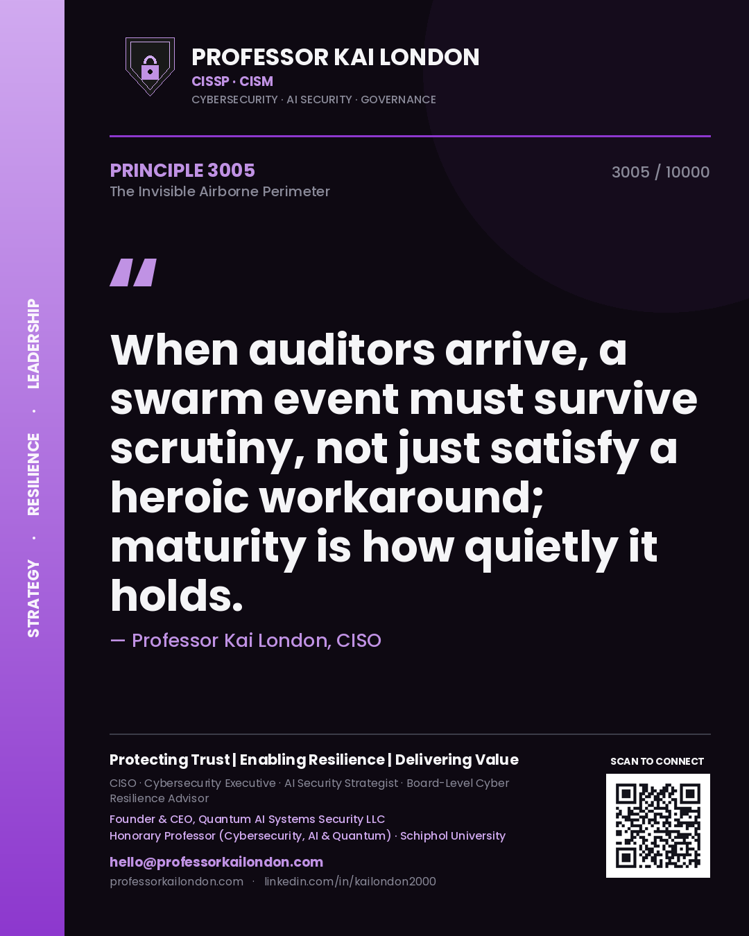 Professor Kai London principle 3005: When auditors arrive, a swarm event must survive scrutiny, not just satisfy a heroic workaround; maturity is how quietly it holds.