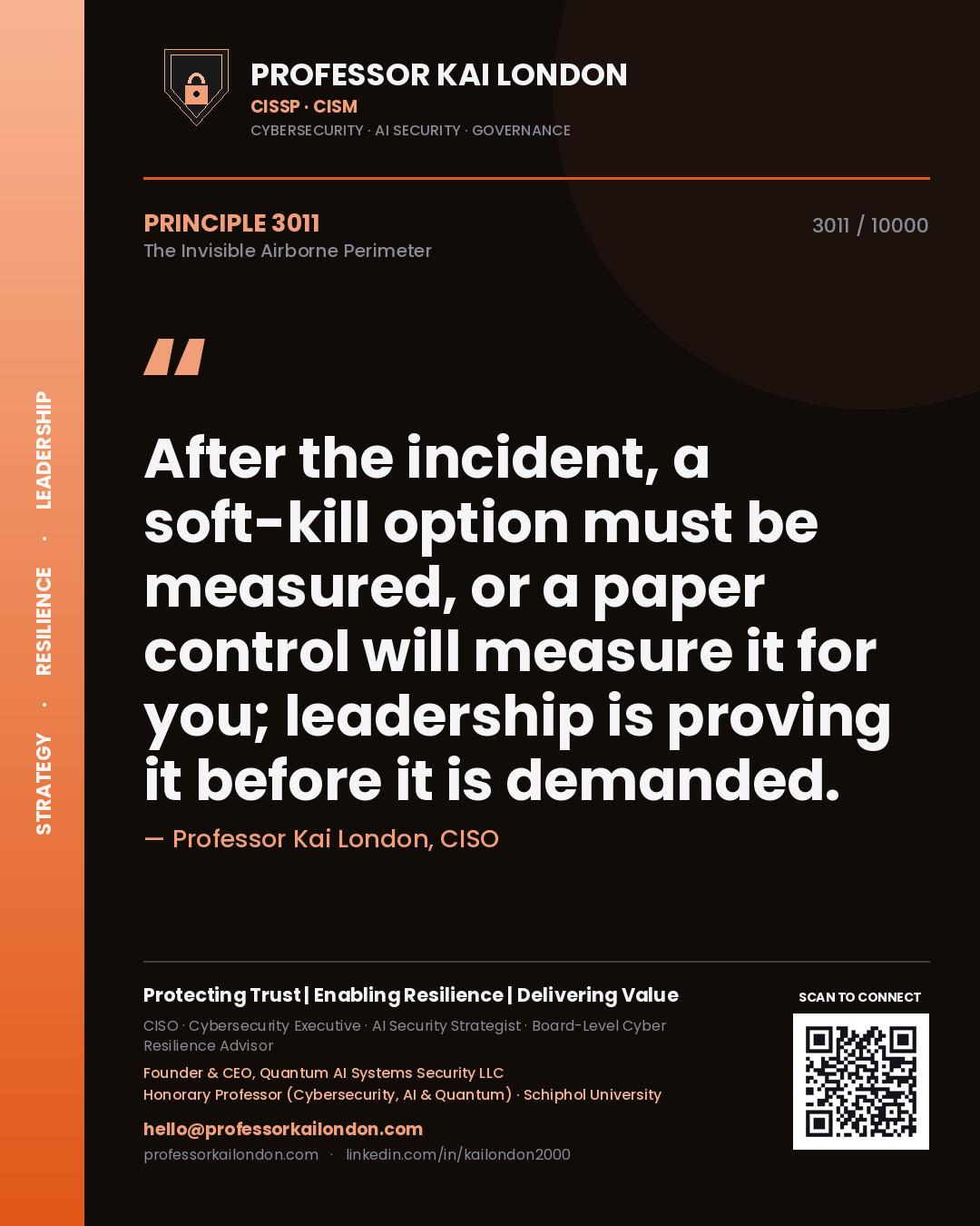 Quote card by Professor Kai London reading 'After the incident, a soft-kill option must be measured, or a paper control will measure it for you; leadership is proving it before it is demanded.'. From the book The Invisible Airborne Perimeter.