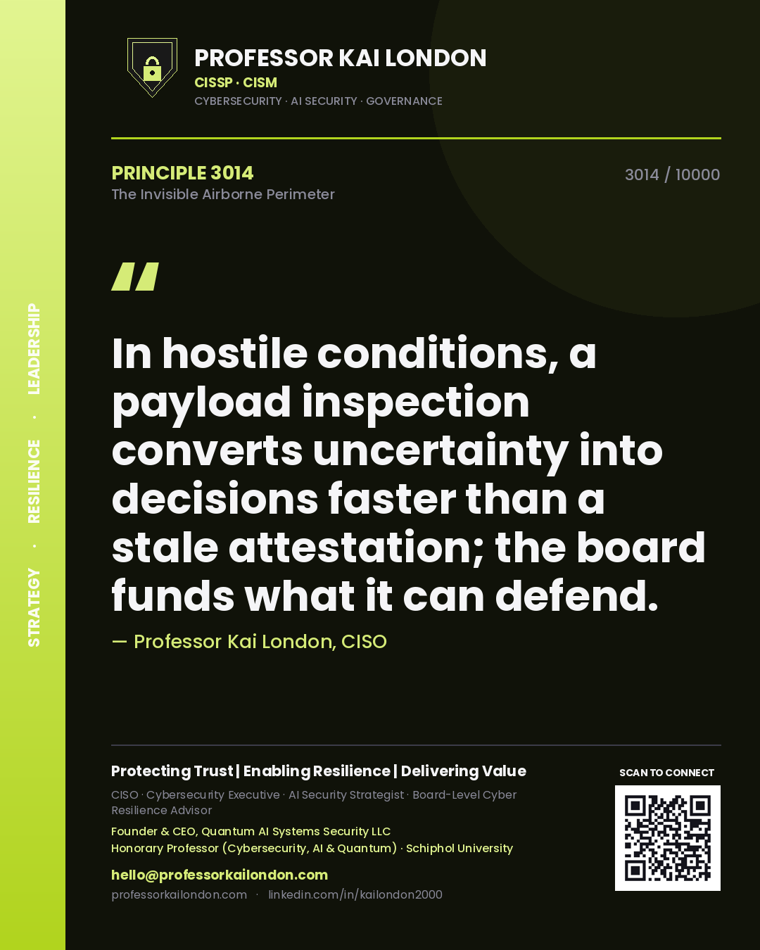 Quote card by Professor Kai London reading 'In hostile conditions, a payload inspection converts uncertainty into decisions faster than a stale attestation; the board funds what it can defend.'. From the book The Invisible Airborne Perimeter.