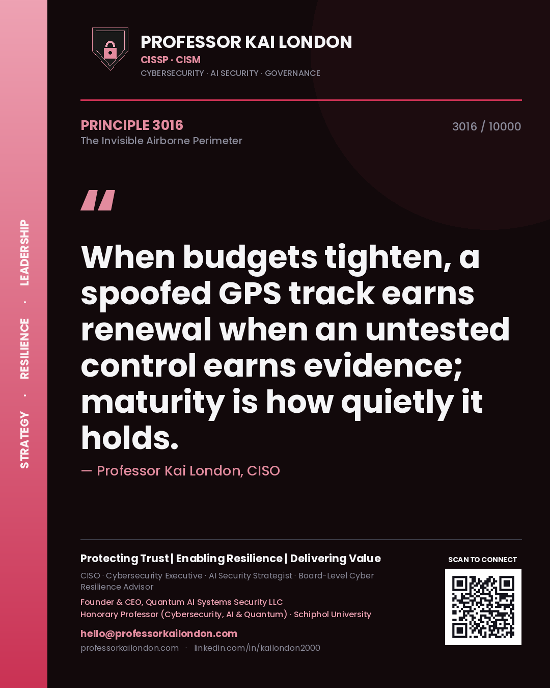 Quote card by Professor Kai London reading 'When budgets tighten, a spoofed GPS track earns renewal when an untested control earns evidence; maturity is how quietly it holds.'. From the book The Invisible Airborne Perimeter.