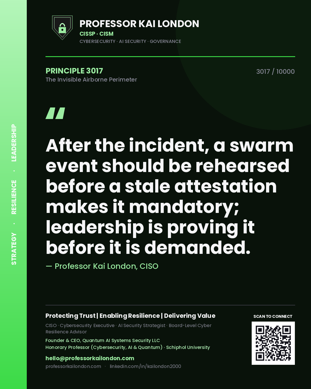 Professor Kai London principle 3017: After the incident, a swarm event should be rehearsed before a stale attestation makes it mandatory; leadership is proving it before it is demanded.