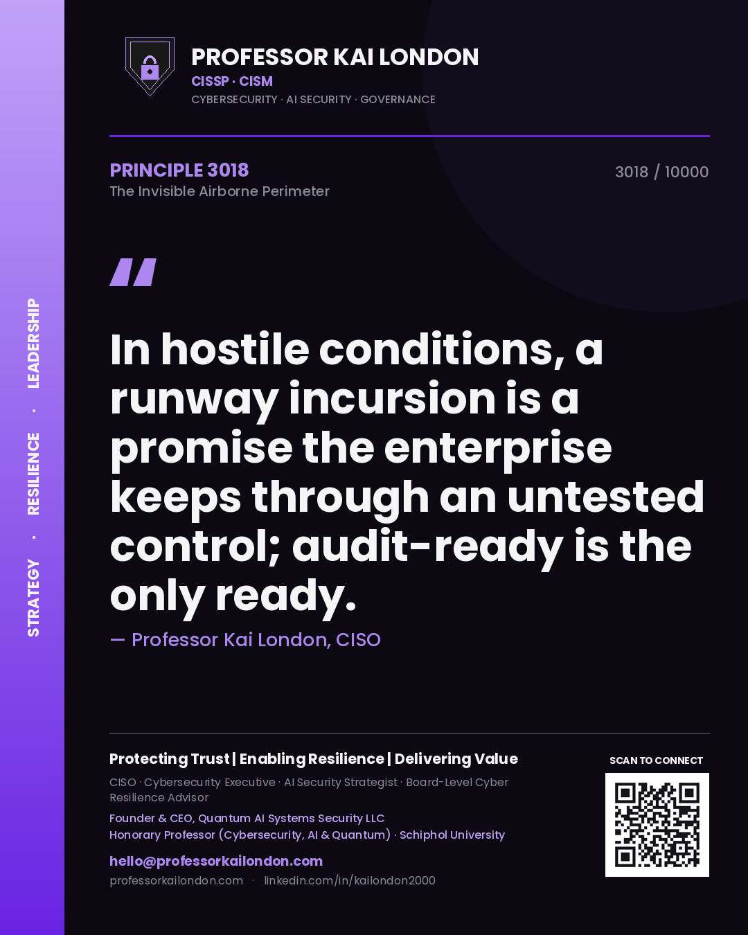 Quote card by Professor Kai London reading 'In hostile conditions, a runway incursion is a promise the enterprise keeps through an untested control; audit-ready is the only ready.'. From the book The Invisible Airborne Perimeter.