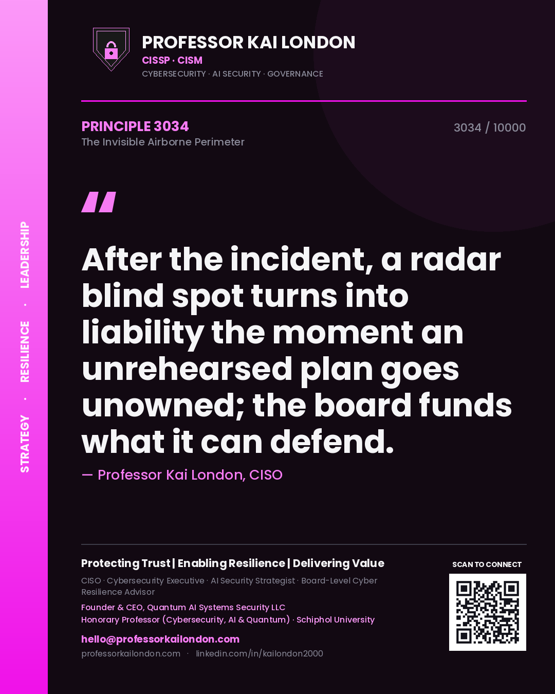 Professor Kai London principle 3034: After the incident, a radar blind spot turns into liability the moment an unrehearsed plan goes unowned; the board funds what it can defend.