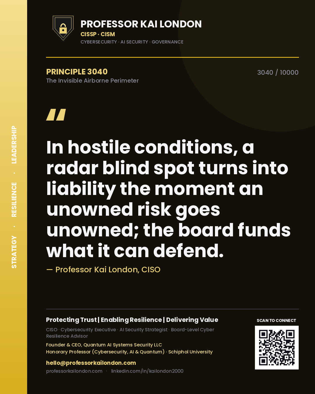 Quote card by Professor Kai London reading 'In hostile conditions, a radar blind spot turns into liability the moment an unowned risk goes unowned; the board funds what it can defend.'. From the book The Invisible Airborne Perimeter.