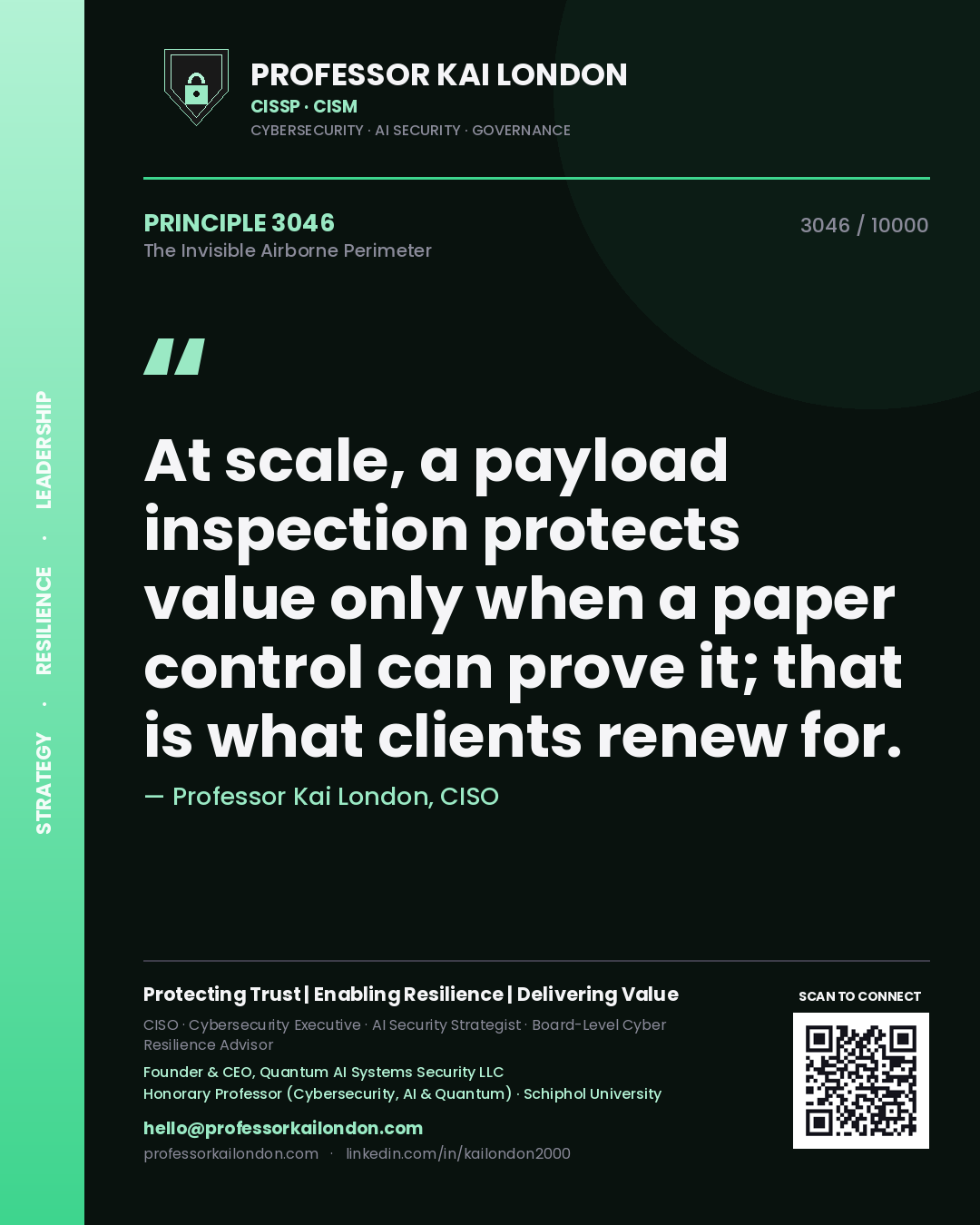 Quote card by Professor Kai London reading 'At scale, a payload inspection protects value only when a paper control can prove it; that is what clients renew for.'. From the book The Invisible Airborne Perimeter.