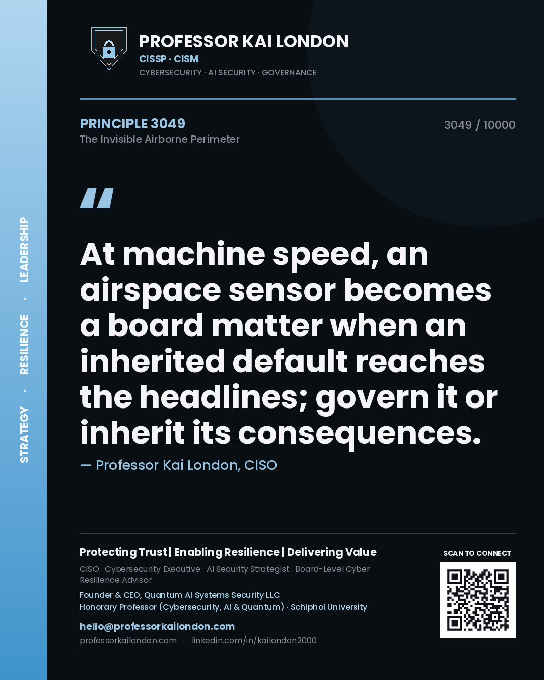 Professor Kai London principle 3049: At machine speed, an airspace sensor becomes a board matter when an inherited default reaches the headlines; govern it or inherit its consequences.