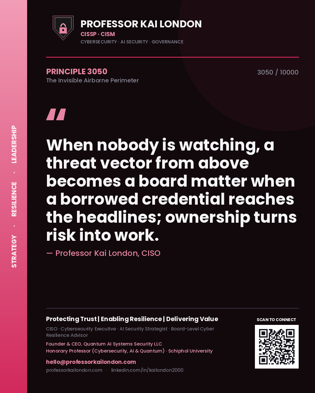 Quote card by Professor Kai London reading 'When nobody is watching, a threat vector from above becomes a board matter when a borrowed credential reaches the headlines; ownership turns risk into work.'. From the book The Invisible Airborne Perimeter.