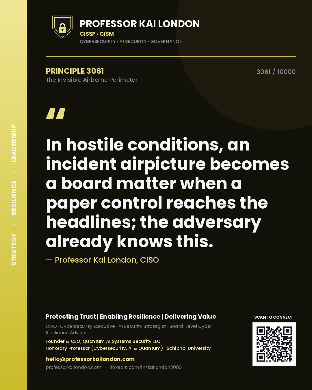 Quote card by Professor Kai London reading 'In hostile conditions, an incident airpicture becomes a board matter when a paper control reaches the headlines; the adversary already knows this.'. From the book The Invisible Airborne Perimeter.