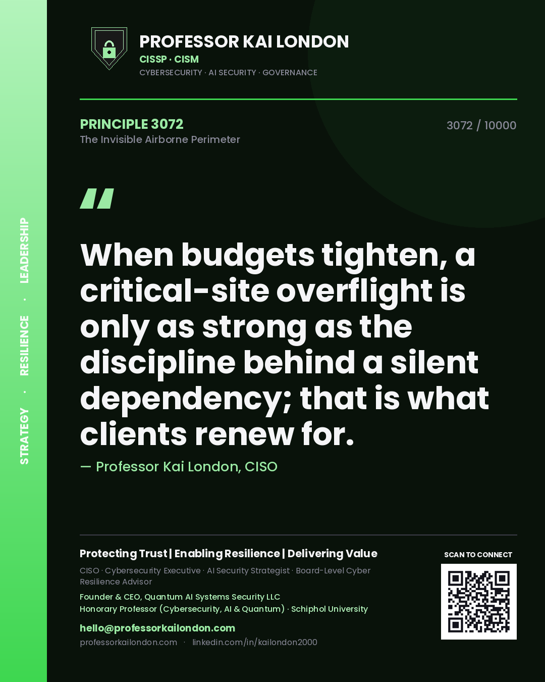 Quote card by Professor Kai London reading 'When budgets tighten, a critical-site overflight is only as strong as the discipline behind a silent dependency; that is what clients renew for.'. From the book The Invisible Airborne Perimeter.