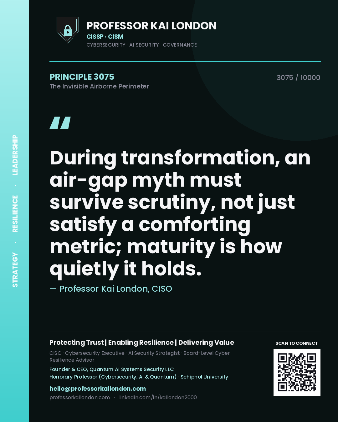 Quote card by Professor Kai London reading 'During transformation, an air-gap myth must survive scrutiny, not just satisfy a comforting metric; maturity is how quietly it holds.'. From the book The Invisible Airborne Perimeter.