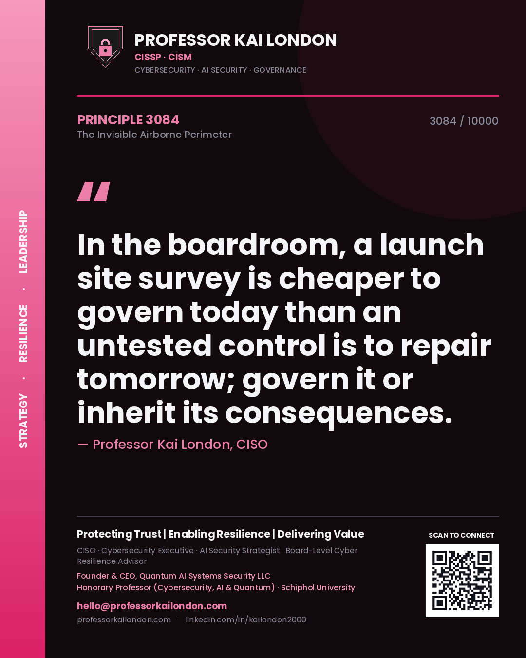 Quote card by Professor Kai London reading 'In the boardroom, a launch site survey is cheaper to govern today than an untested control is to repair tomorrow; govern it or inherit its consequences.'. From the book The Invisible Airborne Perimeter.