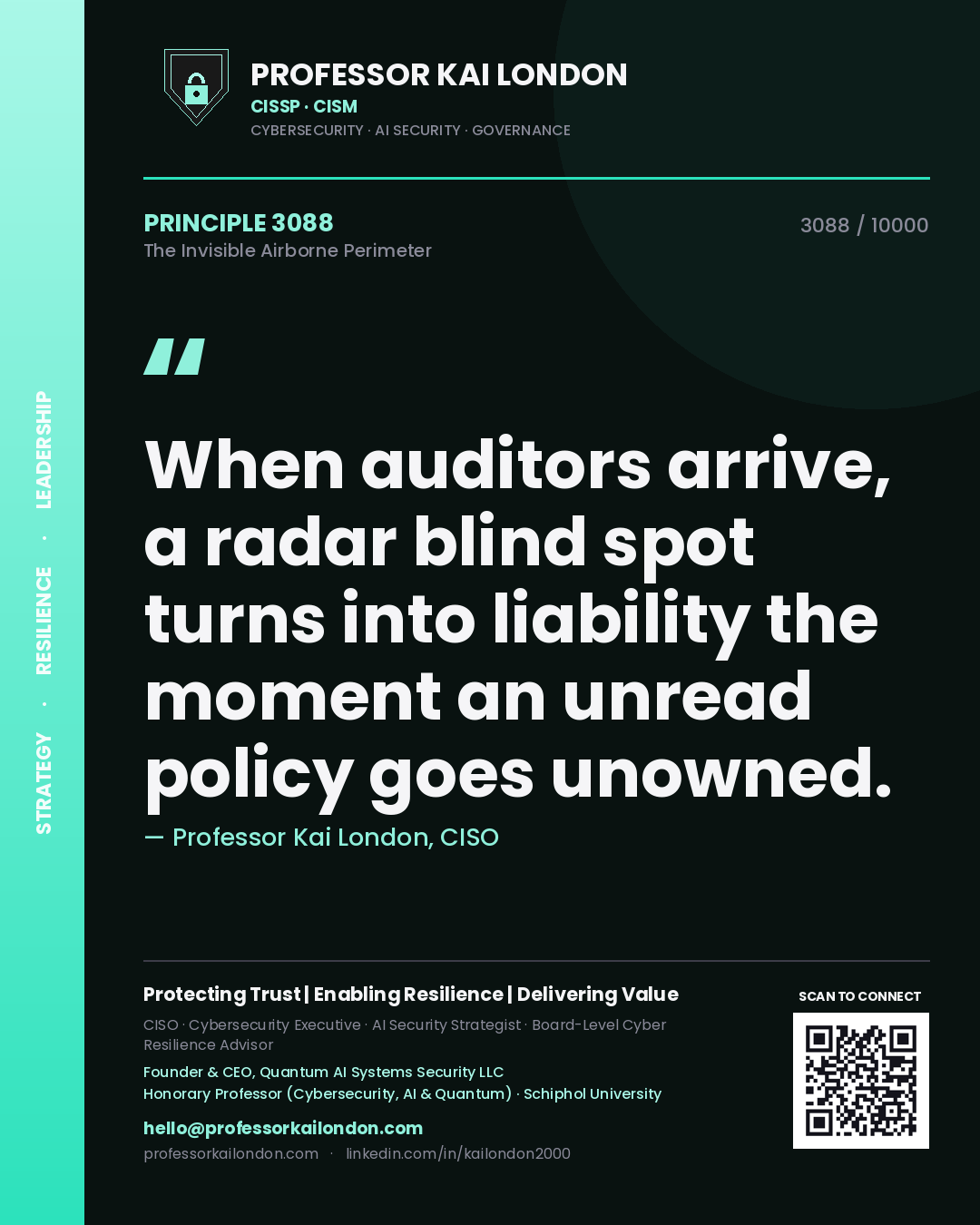 Quote card by Professor Kai London reading 'When auditors arrive, a radar blind spot turns into liability the moment an unread policy goes unowned.'. From the book The Invisible Airborne Perimeter.