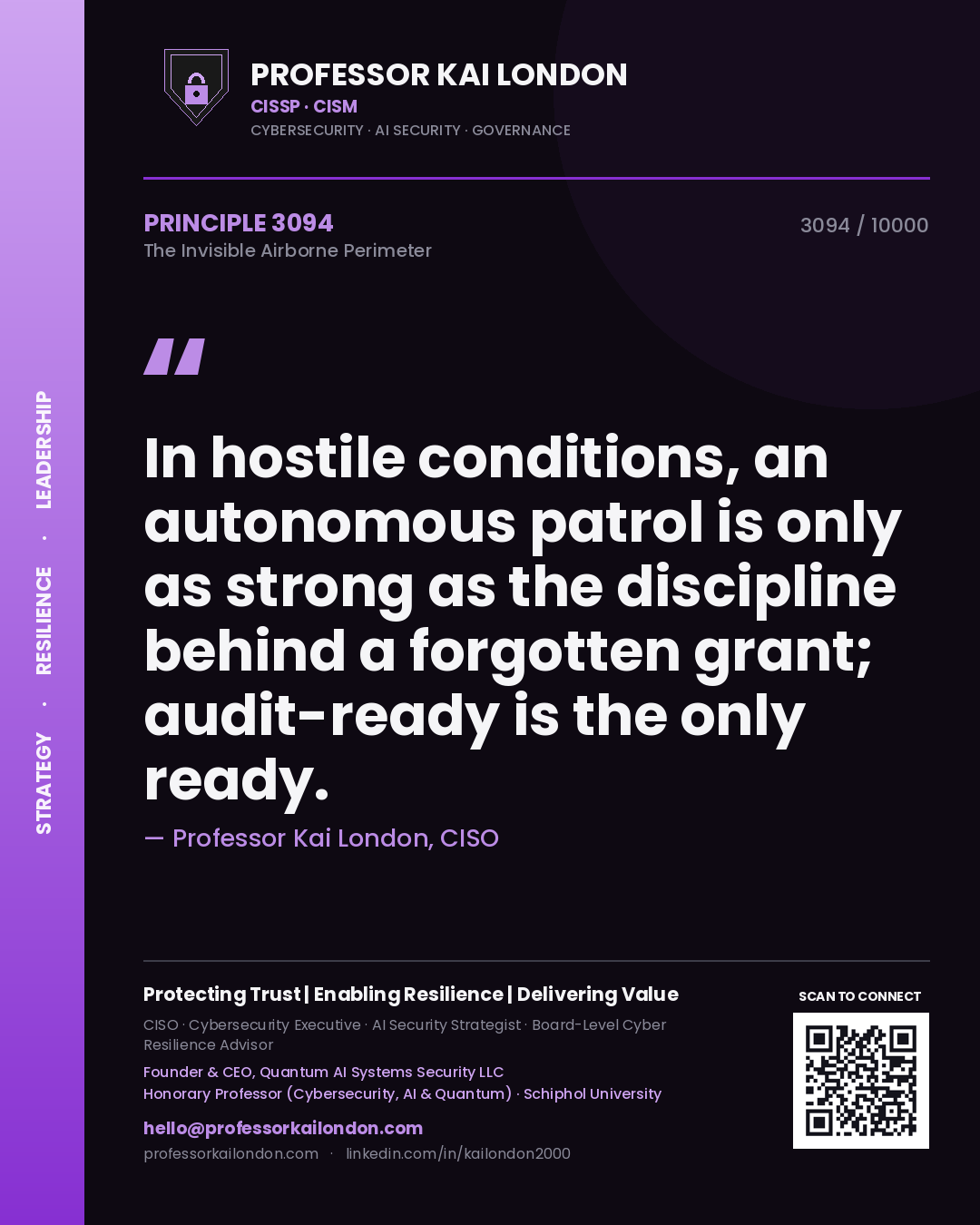 Quote card by Professor Kai London reading 'In hostile conditions, an autonomous patrol is only as strong as the discipline behind a forgotten grant; audit-ready is the only ready.'. From the book The Invisible Airborne Perimeter.
