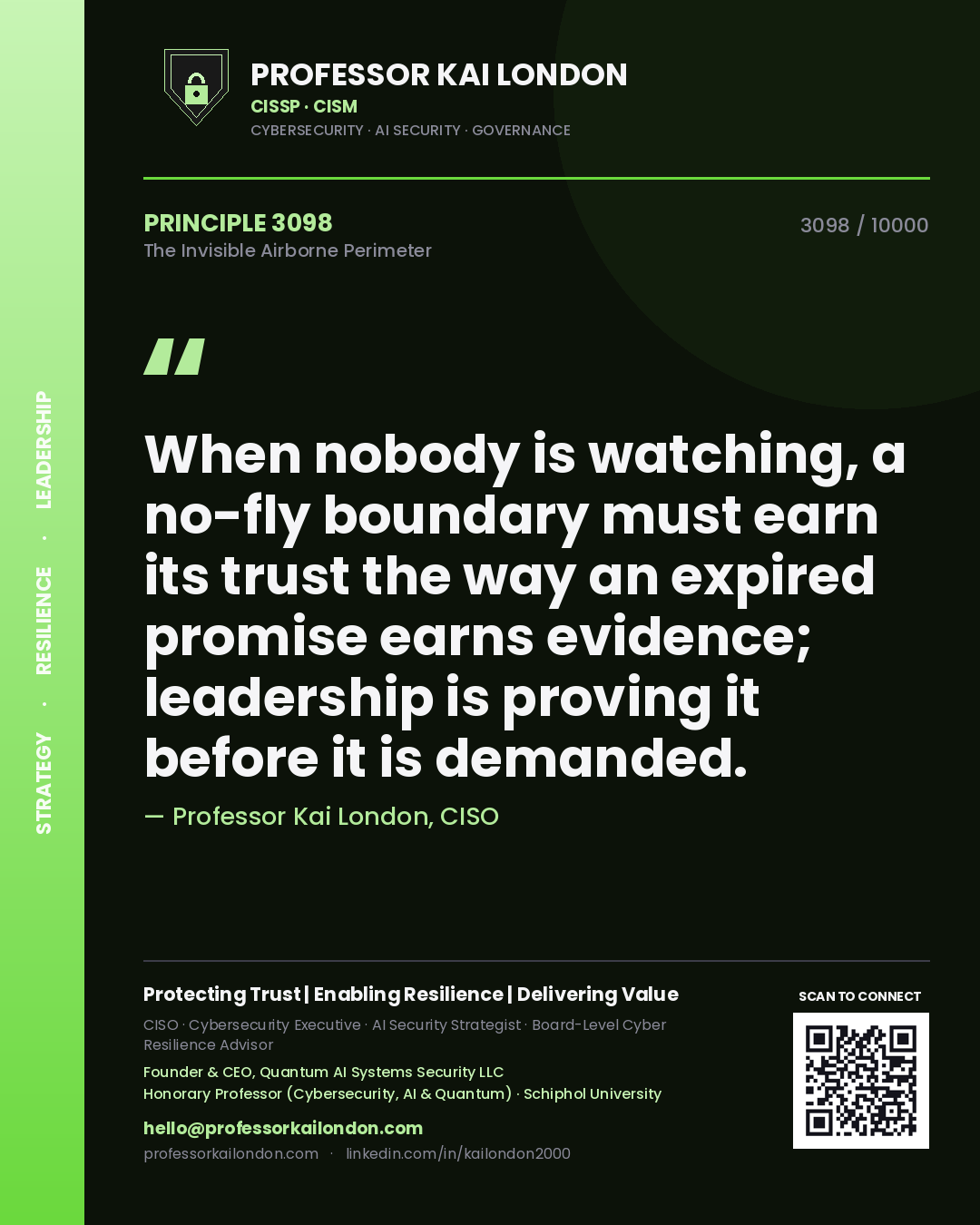 Professor Kai London principle 3098: When nobody is watching, a no-fly boundary must earn its trust the way an expired promise earns evidence; leadership is proving it before it is demanded.