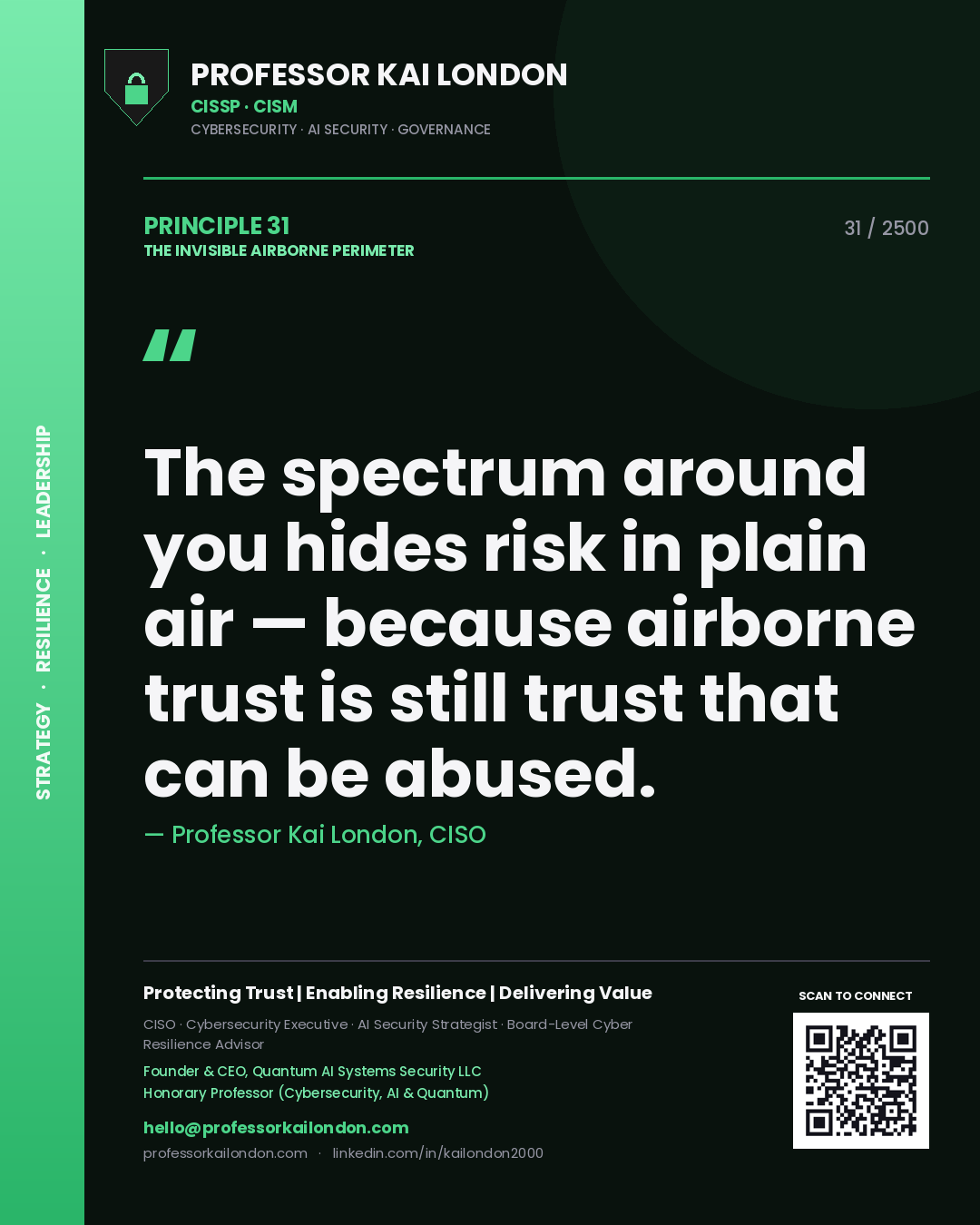 Quote card by Professor Kai London reading 'The spectrum around you hides risk in plain air — because airborne trust is still trust that can be abused.'. From the book The Invisible Airborne Perimeter.