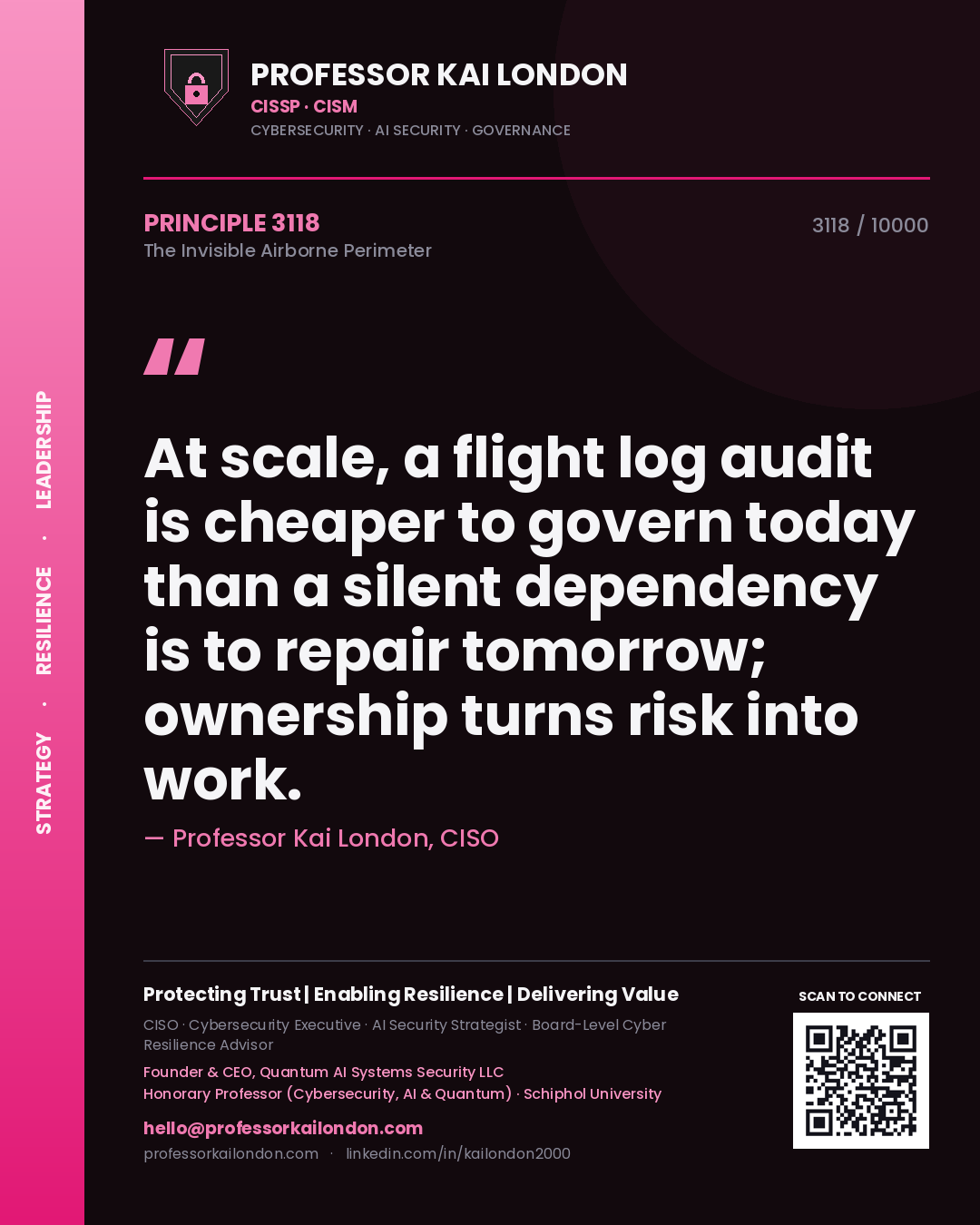 Quote card by Professor Kai London reading 'At scale, a flight log audit is cheaper to govern today than a silent dependency is to repair tomorrow; ownership turns risk into work.'. From the book The Invisible Airborne Perimeter.